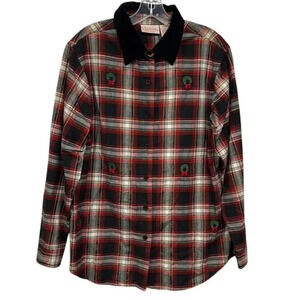 Vintage Basic Editions Plaid Ugly Christmas Wreath Button Up‎ Top Size Large (L)